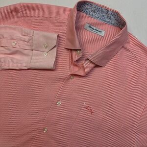 Tommy Bahama Mens Large Pima Cotton Coral White Stripe Gradient Dress Shirt